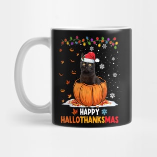 Black Cat On Pumpkin Happy Hallothanksmas Mug